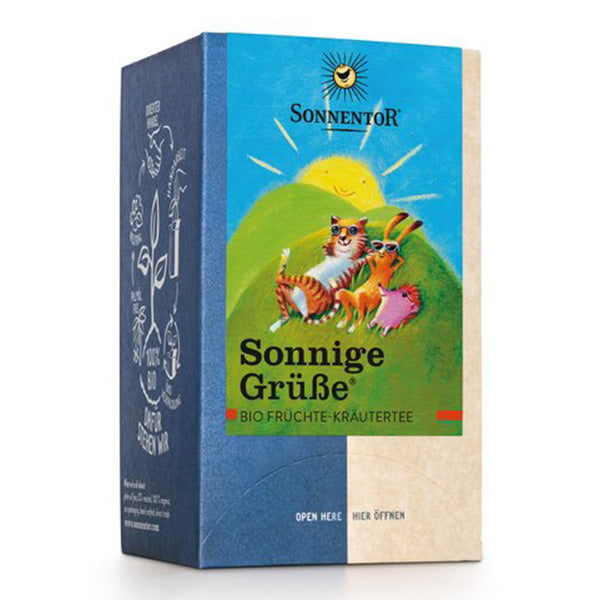 Bio Früchtetee „Sonnige Grüße“ von Sonnentor, 18 Teebeutel – Früchte- und Kräuterteemischung, vegan & glutenfrei