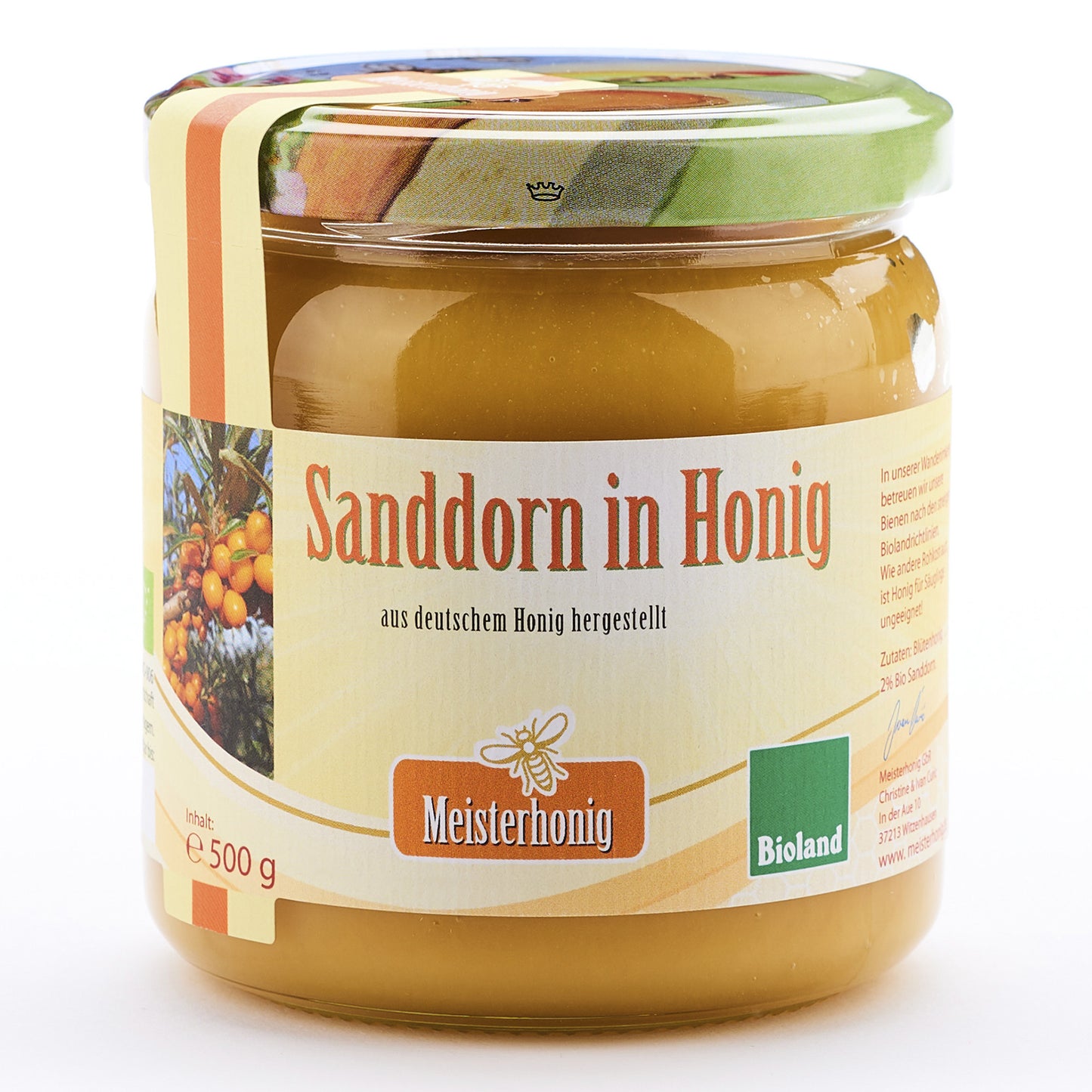 Bio Sanddorn in Honig von der Imkerei Meisterhonig, 500 g, Bio-Frühlingsblütenhonig in Bioland-Qualität