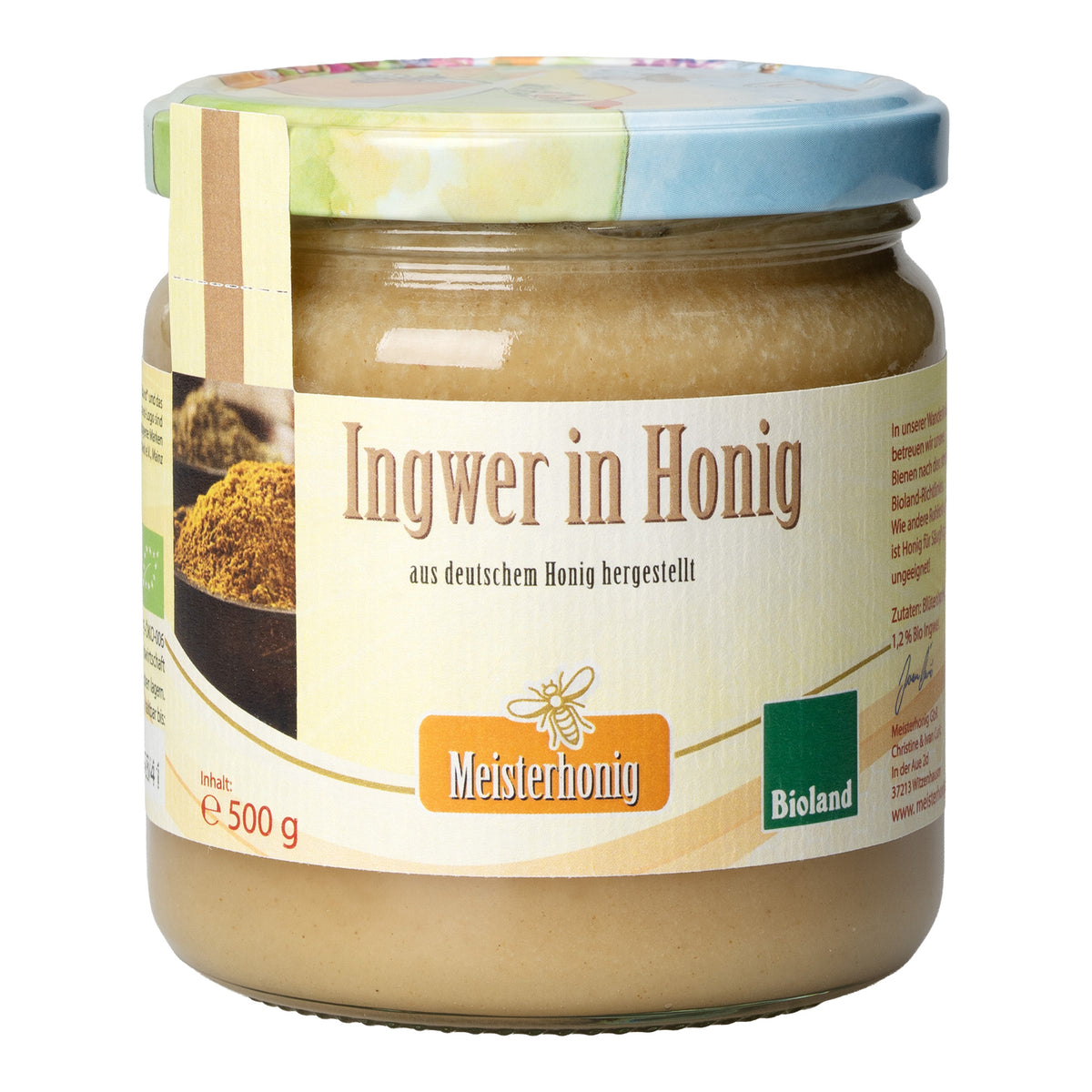 Bio Ingwer in Honig von Meisterhonig, 500g, cremiger Bioland Frühlingsblütenhonig mit Ingwer aus Deutschland