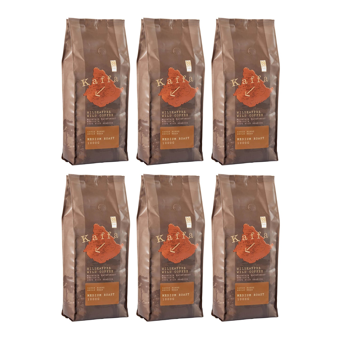 Bio Wildkaffee Arabica ganze Bohne 1 x 6 kg Vorteilspackvon Kaffa – medium geröstet, vollmundig mit schokoladiger Note, Fairtrade