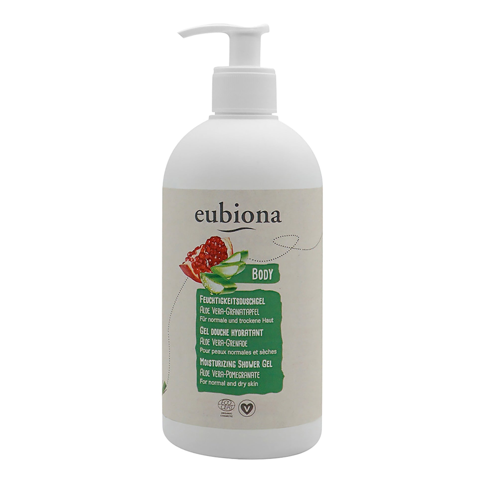 Eubiona Feuchtigkeitsduschgel Aloe Vera Granatapfel 500ml – veganes Duschgel für trockene Haut