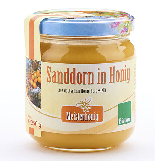 Bio Sanddorn in Honig von Meisterhonig, fruchtig-herber Bioland Frühjahrsblütenhonig aus Deutschland, 250 g