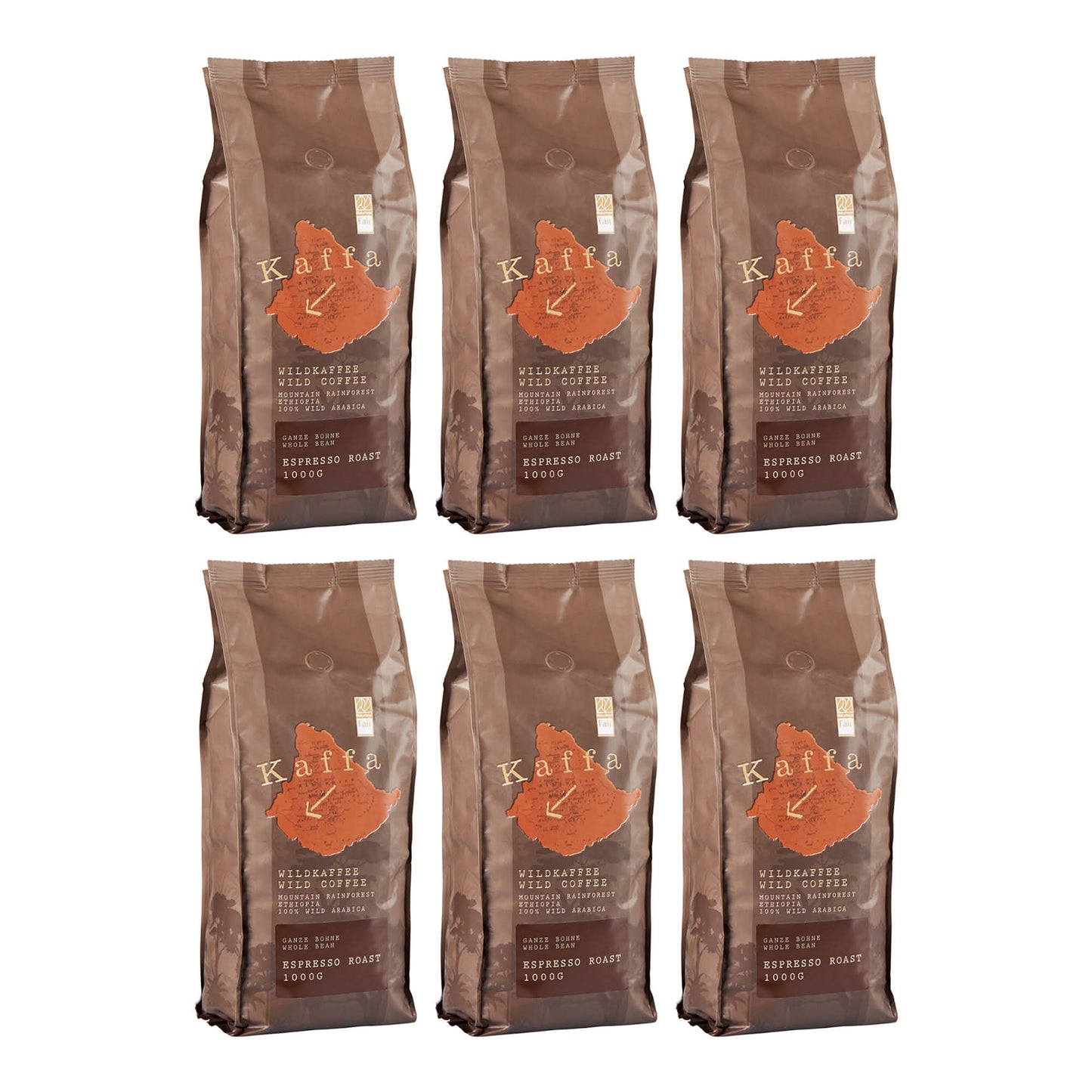Bio Espresso Wildkaffee Arabica ganze Bohne 6 x 1kg Vorteilspack von Kaffa– kräftig & aromatisch, Fairtrade