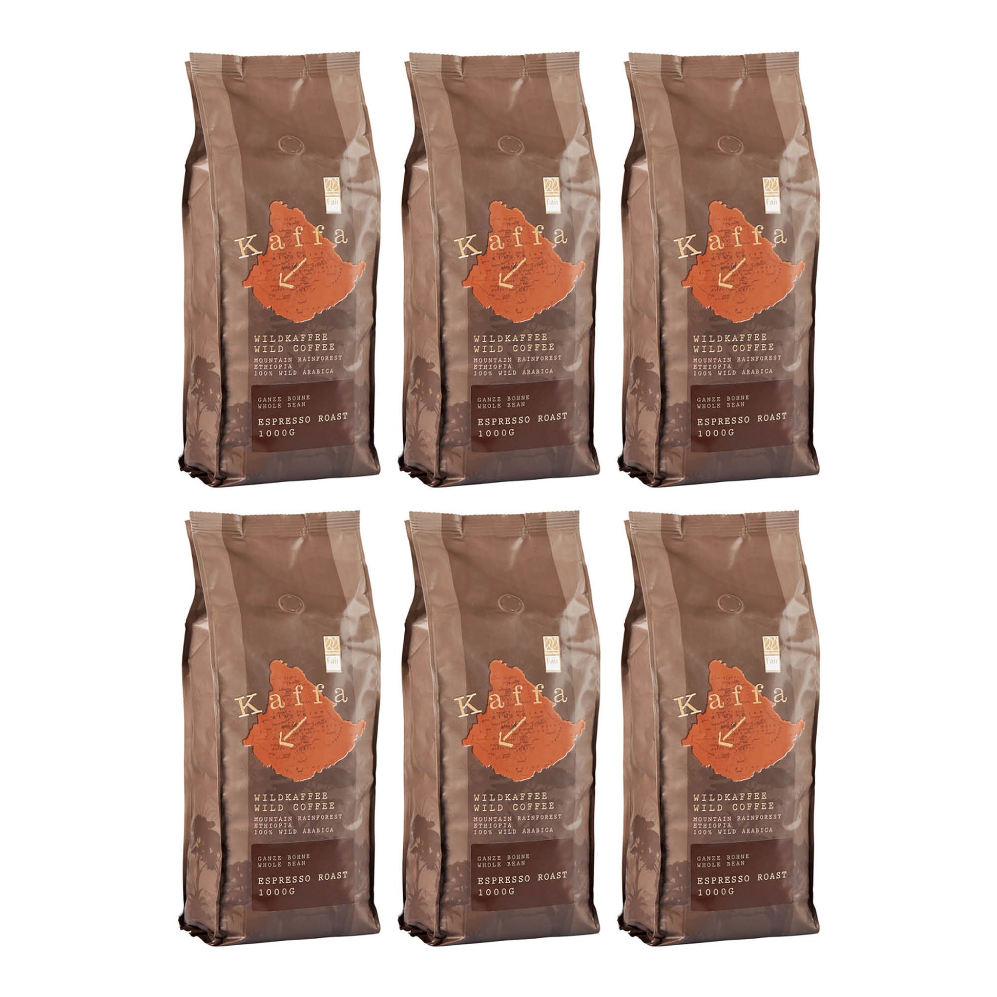 Bio Espresso Wildkaffee Arabica ganze Bohne 6 x 1kg Vorteilspack von Kaffa– kräftig & aromatisch, Fairtrade