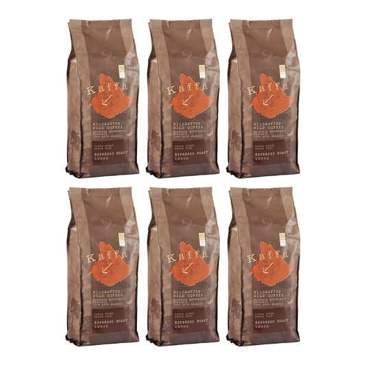 Bio Espresso Wildkaffee Arabica ganze Bohne 6 x 1kg Vorteilspack von Kaffa– kräftig & aromatisch, Fairtrade