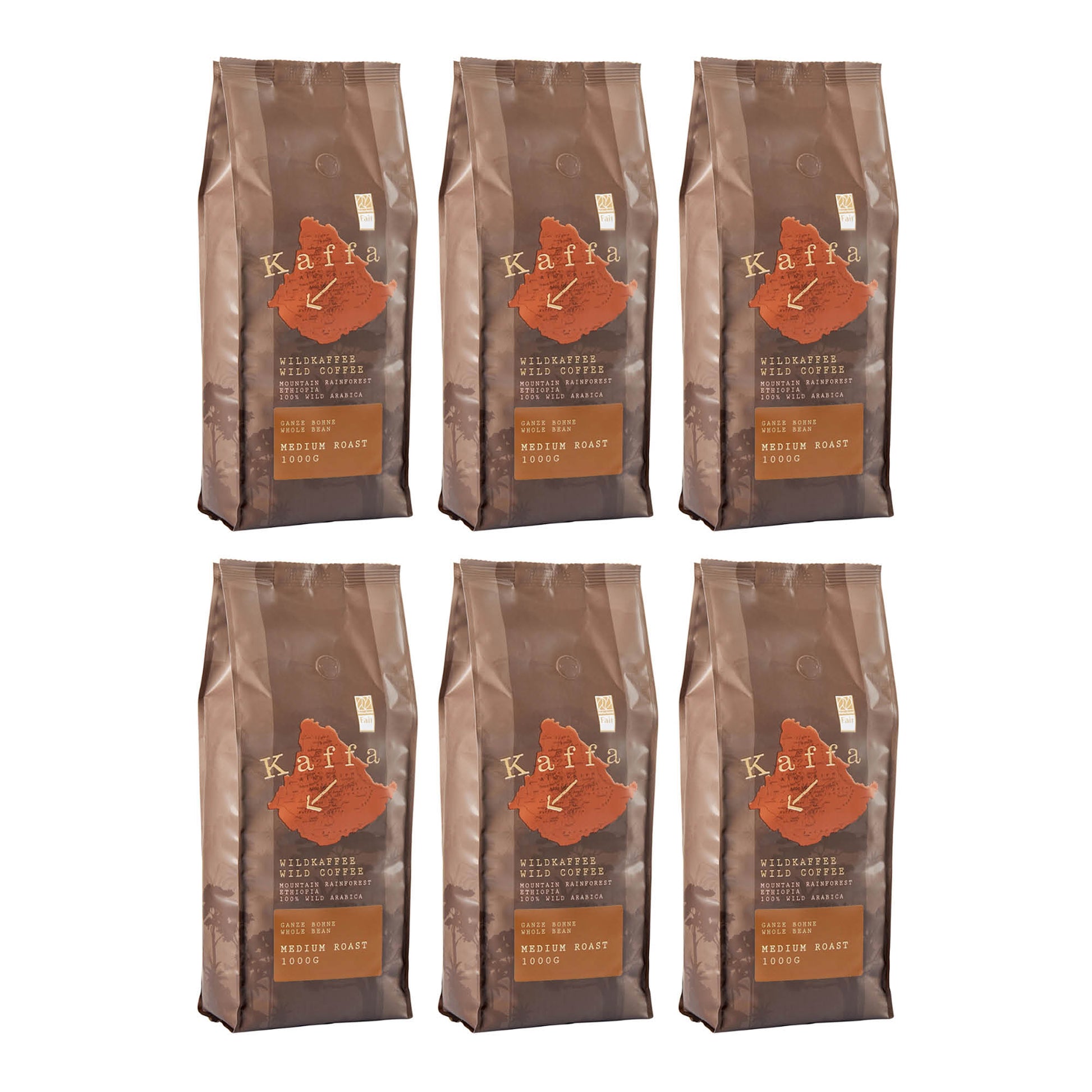Bio Wildkaffee Arabica ganze Bohne 1 x 6 kg Vorteilspackvon Kaffa – medium geröstet, vollmundig mit schokoladiger Note, Fairtrade