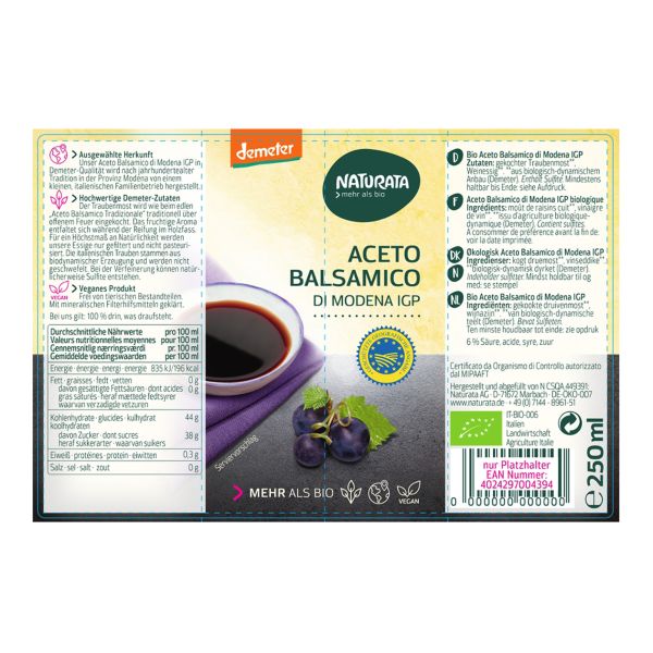 Demeter Balsamico Essig aus Modena IGP von Naturata, 250ml